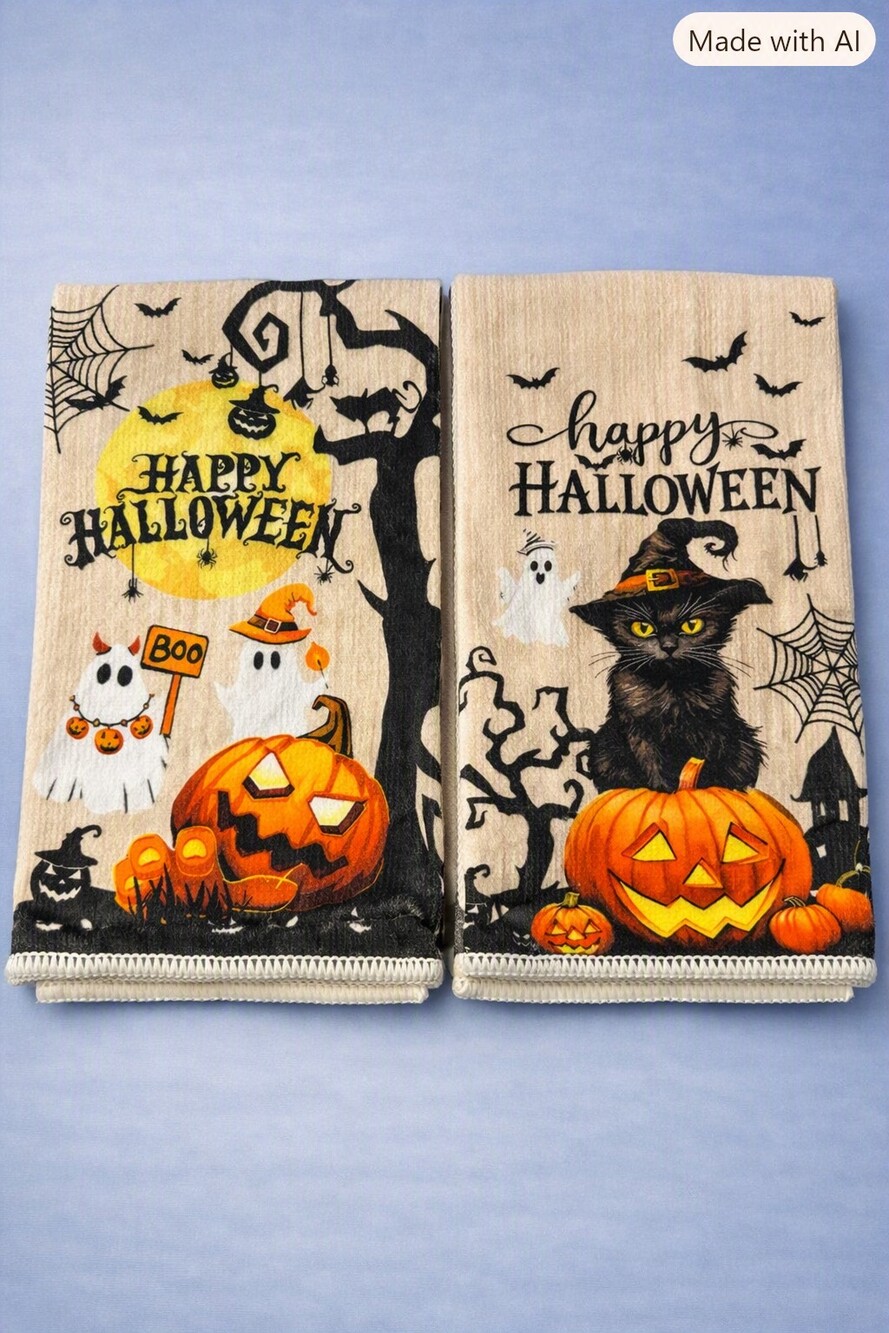 Halloween Kitchen Towels Set of 2 Ghost Black Cat Pumpkin Design